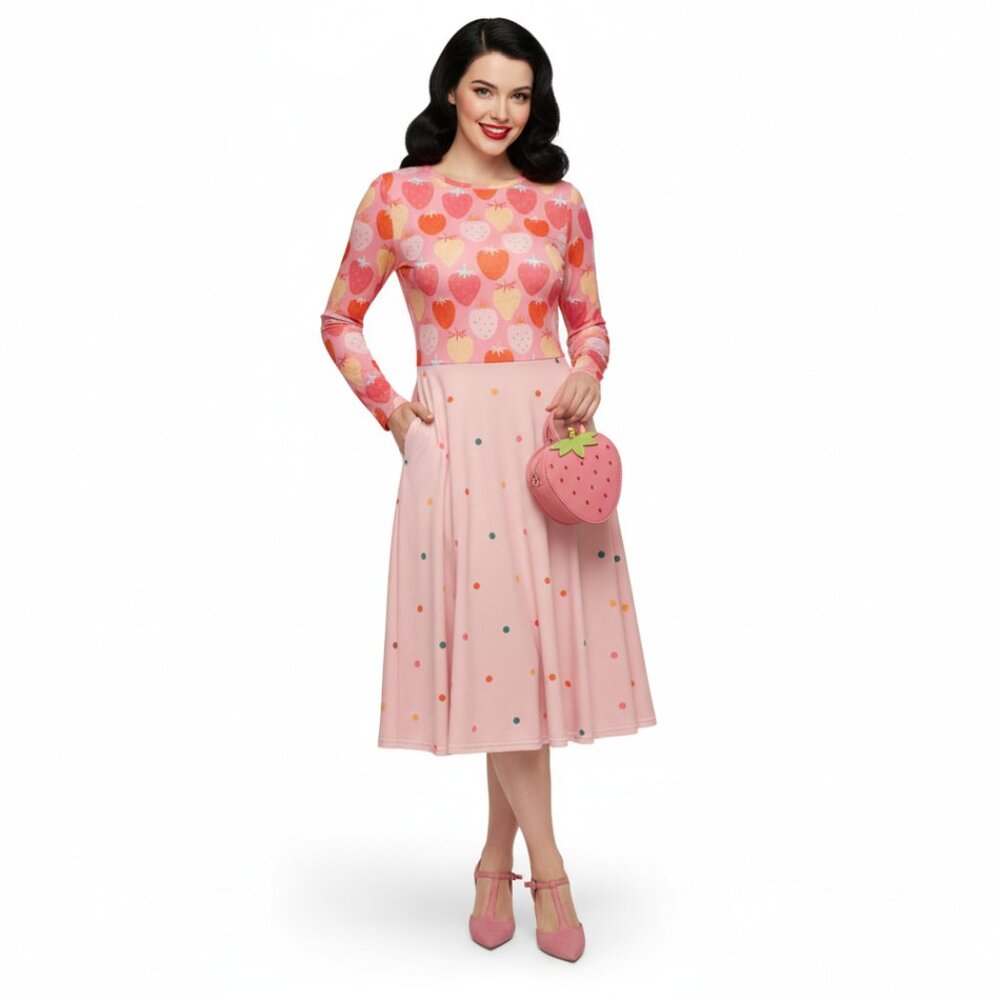 Strawberry Long Sleeve Pin Up Swing Dress with Pockets